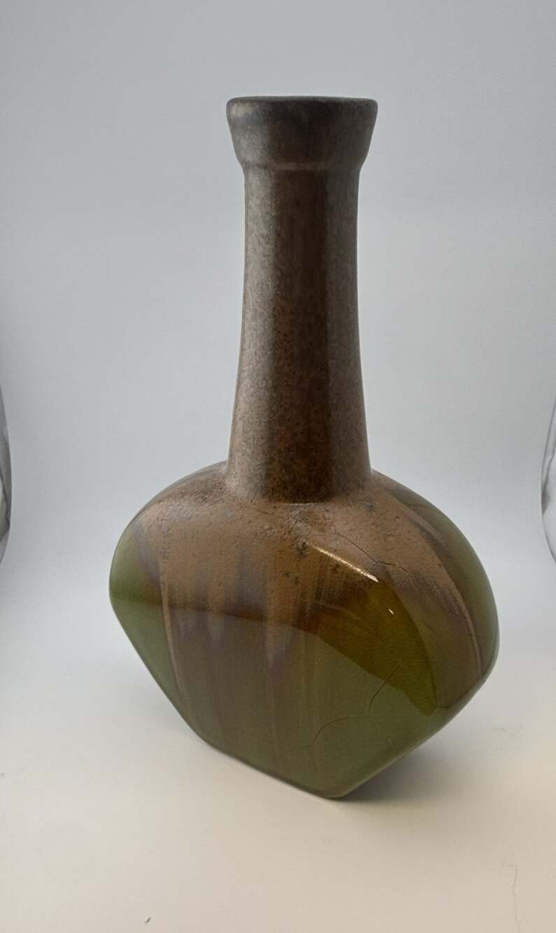 Studio Pottery Ceramic Bud Vase Green Brown Drip Glaze Mid Century